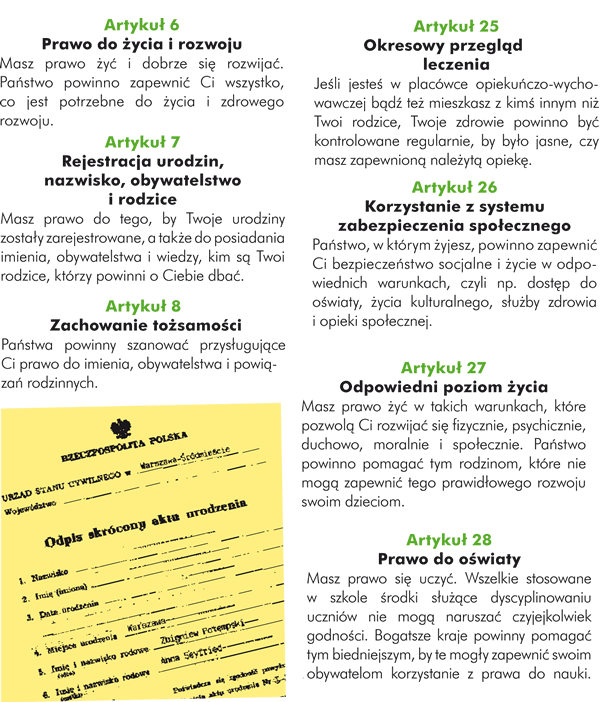 Artykuł 11. Zwalczanie nielegalnego transferu dzieci Państwa powinny podejmować wszelkie starania mające na celu niedopuszczenie, by ktoś wywiózł Cię z kraju w sposób nielegalny.  Artykuł 12. Poszanowanie poglądów dziecka Kiedy dorośli podejmują decyzje, które Ciebie dotyczą, masz prawo do swobodnej wypowiedzi na temat tego, co Twoim zdaniem powinno się zdarzyć, a Twoje zdanie powinno być wzięte pod uwagę.  Artykuł 13. Prawo do swobodnej wypowiedzi Masz prawo szukać informacji i je otrzymać, a także wymieniać się nimi we wszystkich formach (np. pisząc, oglądając telewizję, słuchając radia i korzystając z Internetu) przynajmniej dopóty, dopóki informacje te nie krzywdzą Ciebie ani innych osób.  (Oznacza to na przykład, że nie możesz umieszczać w Internecie zdjęć czy filmów przedstawiających inne osoby bez ich zgody.)   Artykuł 14. Wolność myśli, sumienia i wyznania Masz prawo do swobodnego myślenia i wierzenia w co tylko chcesz, możesz też otwarcie praktykować swoją wiarę, ale wszystko rób tak, by nikomu nie ograniczać korzystania z przysługujących mu praw. Twoi rodzice powinni kierować Tobą w sprawach wiary i sumienia.  Artykuł 15. Wolność zrzeszania się i zgromadzeń Masz prawo spotykać się z innymi dziećmi i dołączać do grup lub organizacji, o ile tylko nie ograniczasz tym praw przysługujących innym ludziom.  Artykuł 16. Prywatność, honor i reputacja Masz prawo do życia prywatnego i nikt nie powinien naruszać Twojego dobrego imienia, wkraczać do Twojego domu czy w jakikolwiek sposób niepokoić Twoją rodzinę bez ważnego  powodu.  Artykuł 17. Dostęp do informacji i mediów Masz prawo do rzetelnych informacji pochodzących z różnych źródeł, w tym książek, gazet, czasopism, telewizji, radia i Internetu. Informacje te powinny być dla Ciebie zrozumiałe i przynosić Ci pożytek.  Artykuł 18. Wspólna odpowiedzialność rodziców Oboje rodzice ponoszą współodpowiedzialność za Twoje wychowanie, przy czym zawsze powinni mieć na względzie to, co jest dla Ciebie najlepsze. Państwo powinno zapewnić Twoim rodzicom pomoc w wychowaniu Cię, zwłaszcza jeśli oboje pracują.  Artykuł 19. Ochrona dziecka przed wszelkimi formami przemocy, krzywdy lub zaniedbania Państwo powinno zagwarantować Ci odpowiednią opiekę i ochronę przed przemocą, krzywdą lub zaniedbaniem przez kogokolwiek.  Artykuł 20. Opieka zastępcza Jeśli Twoi rodzice lub Twoja rodzina nie mogą zadbać o Ciebie, państwo zapewni Ci opiekę zastępczą, sprawowaną przez osobę, która uszanuje Twoją wiarę, Twoje tradycje i język, którym mówisz.