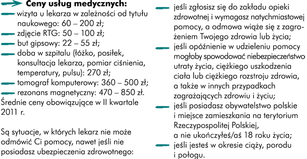 Dobrze, abyś wiedział/a, iż podstawową instytucją, zapewniającą i finansującą świadczenia opieki zdrowotnej dla osób ubezpieczonych oraz uprawionych do świadczeń jest Narodowy Fundusz Zdrowia (NFZ). W jego skład wchodzą Centrala oraz 16 oddziałów wojewódzkich. Abyśmy mogli korzystać z opieki zdrowotnej musimy obowiązkowo odprowadzać składki. Są one płacone przez Ciebie oraz pracodawcę do Zakładu Ubezpieczeń Społecznych (ZUS). Składki te trafiają na konto NFZ-u, który zarządza systemem opieki zdrowotnej w całym kraju. Jeśli odprowadzane są składki z Twojego wynagrodzenia to jesteś ubezpieczony/a. Podstawą ubezpieczenia zdrowotnego jest solidaryzm społeczny. Oznacza to, że każdy ubezpieczony, bez względu na to, jak wysoka jest składka, którą płaci, otrzymuje takie same świadczenia opieki zdrowotnej. Masz zagwarantowane ubezpieczenie zdrowotne jeśli:   -	jesteś niepełnoletni/a , wówczas za zapewnienie ubezpieczenia jest odpowiedzialny opiekun prawny -	skończyłaś/eś 18 lat i przebywasz w domu dziecka -	uczysz się w szkole dziennej (np. studiujesz) -	otrzymujesz rentę rodzinną lub socjalną  -	pracujesz na umowę-zlecenie lub umowę o pracę -	spełniasz kryteria dochodowe do otrzymania świadczeń z pomocy społecznej	   Musisz samodzielnie zadbać o swoje ubezpieczenie zdrowotne jeśli:    -	masz ukończone 18 lat i nie przebywasz w domu dziecka  -	uczysz się w prywatnej szkole zawodowej lub zaocznej -	pracujesz na umowę o dzieło Aby ubezpieczyć się na własną rękę musisz wybrać się do najbliższego oddziału NFZ-u, potem zgłosisz się do ZUS-u, tam dowiesz się jaką składkę powinieneś płacić. 	  Jeśli nie posiadasz ubezpieczenia zdrowotnego nie możesz korzystać z państwowej opieki zdrowotnej. W przypadku choroby będziesz musiał sam pokrywać koszty leczenia. Koszty te mogą być bardzo wysokie, dlatego warto się ubezpieczyć!   Wizyta u lekarza w zależności od tytułu naukowego: 60 – 200 PLN Zdjęcie RTG 50 – 100 PLN But gipsowy 22 – 55 PLN Doba w szpitalu (łóżko, posiłek, konsultacja lekarza, pomiar ciśnienia, temperatury, pulsu) 270 PLN Tomograf komputerowy 360 – 500 PLN Rezonans magnetyczny 470 – 850 PLN	    Złamana, zwichnięta kończyna Wizyta u lekarza w zależności od tytułu naukowego: 60 – 200 PLN Zdjęcie RTG 50 – 100 PLN But gipsowy 22 – 55 PLN Suma: 132 – 355 PLN 	Omdlenie podejrzenie wstrząśnienia mózgu  Wizyta u lekarza w zależności od tytułu naukowego: 60 – 200 PLN Doba w szpitalu (łóżko, posiłek, konsultacja lekarza, pomiar ciśnienia, temperatury, pulsu) 270 PLN Tomograf komputerowy 360 – 500 PLN Rezonans magnetyczny 470 – 850 PLN Suma: 1160 – 1820 PLN	   Są jednak sytuacje, w których lekarz nie może odmówić Ci pomocy, nawet jeśli nie posiadasz ubezpieczenia zdrowotnego.   -	Jeśli zgłosisz się do zakładu opieki zdrowotnej i wymagasz natychmiastowej pomocy a odmowa wiąże się z zagrożeniem Twojego zdrowia lub życia -	Jeśli opóźnienie w udzieleniu pomocy mogłoby spowodować-	 niebezpieczeństwo utraty życia, ciężkiego uszkodzenia ciała lub ciężkiego rozstroju zdrowia, oraz w innych przypadkach zagrażających zdrowiu i życiu -	Jeśli posiadasz obywatelstwo polskie i miejsce zamieszkania na terytorium Rzeczypospolitej Polskiej, a nie ukończyłeś 18 roku życia -	Jeśli jesteś w okresie ciąży, porodu i połogu	  Mankamentem opieki zdrowotnej jest oczekiwanie na wizytę. Jeżeli wskazany Ci termin wizyty w poradni specjalistycznej jest odległy, zapytaj o możliwość skorzystania z porady specjalisty w innych placówkach mających umowę z NFZ. Wykaz poradni przyjmujących chorych w ramach ubezpieczenia wraz z czasem oczekiwania dostępny jest na stronach internetowych oraz pod numerami informacyjnymi oddziałów wojewódzkich NFZ. Na wizytę u lekarza masz prawo zapisać się w dowolnie wybranym dniu, w godzinach pracy punktu rejestracji. Jeśli poradnia ustala konkretne dni do zapisywania, to łamie prawo. Europejska Karta Ubezpieczenia Zdrowotnego jest dokumentem uprawniającym Cię do korzystania ze świadczeń zdrowotnych podczas pobytu w innych państwach członkowskich Wspólnoty Europejskiej lub EFTA (Szwajcaria, Norwegia, Islandia, Liechtenstein). Można ją wyrobić „od ręki” w siedzibie NFZ niezbędny jest dowód i aktualne zaświadczenie o ubezpieczeniu. Szczególną ochroną są objęte kobiety w ciąży. Więcej informacji znajdziesz na: http://www.rodzicpoludzku.pl. 