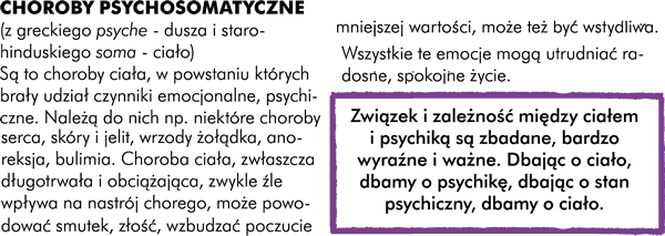 O chorobach, które nazywamy psychosomatycznymi (od greckiego słowa psyche = dusza i starohinduskiego słowa soma = ciało). Są to choroby ciała, w powstaniu których brały udział czynniki emocjonalne, psychiczne. Do nich należą np. niektóre choroby serca, skóry i jelit, wrzody żołądka, anoreksja, bulimia.    Choroba ciała, zwłaszcza długotrwała i obciążająca, zwykle źle wpływa na nastrój chorego, może powodować smutek, złość, może wzbudzać poczucie mniejszej wartości, może też być wstydliwa. Wszystkie te emocje mogą utrudniać radosne, spokojne życie. 