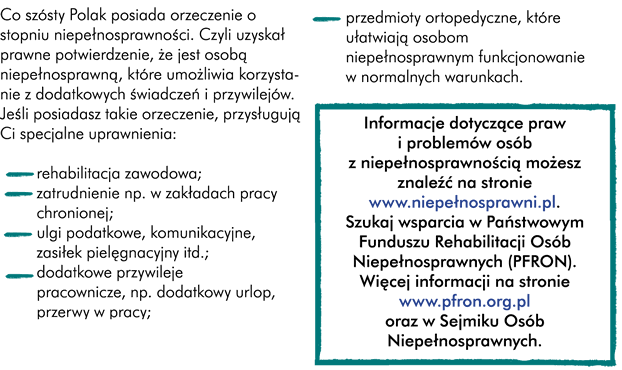 Dziś co szósty Polak posiada orzeczenie o stopniu niepełnosprawności. Jeśli Ty lub ktoś z Twoich bliskich posiada takie orzeczenie pamiętaj, że osobie z niepełnosprawnością przysługują specjalne uprawnienia: -	możesz korzystać-	 z ulg  np. podatkowych, komunikacyjnych, zasiłku pielęgnacyjnego i innych świadczeń,  -	masz dodatkowe przywileje pracownicze np. dodatkowy urlop, przerwy w pracy;  -	możesz korzystać-	 z rehabilitacji zawodowej i zatrudnienia np. w zakładach pracy chronionej  -	możesz otrzymać-	 przedmioty ortopedyczne, itp   Informacji dotyczących praw i problemów osób z niepełnosprawnością możesz znaleźć na stronie www.niepełnosprawni.pl. Szukaj wsparcia w Państwowym Funduszu Rehabilitacji Osób Niepełnosprawnych (PFRON), więcej informacji www.pfron.org.pl oraz w Sejmiku Osób Niepełnosprawnych.	 