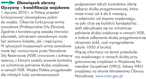 Obowiązek obrony Ojczyzny - kwalifikacja wojskowa 1 stycznia 2010 r. w Polsce przestał funkcjonować obowiązkowy pobór do wojska. Obecnie funkcjonuje armia zawodowa (Profesjonalne Siły Zbrojne). Zgodnie z konstytucyjną zasadą równości obywateli, żołnierzem zawodowym może być zarówno kobieta, jak i mężczyzna. W sytuacjach kryzysowych armia zawodowa może być wzmocniona przez Narodowe Siły Rezerwowe (NSR) utworzone z żołnierzy rezerwy, z którymi zostały zawarte kontrakty na ochotnicze pełnienie służby wojskowej w ramach NSR. Wojsko Polskie przygotowało dla młodych ludzi zainteresowanych podpisaniem takich kontraktów ofertę odbycia służby przygotowawczej, która może trwać od 4 do 6 miesięcy, w zależności od stopnia wojskowego, na jaki chce się kształcić kandydat/ka. Jeśli zdecydujesz się na ochotnicze pełnienie służby wojskowej w ramach NSR, w trakcie odbywania służby przygotowawczej otrzymasz żołd, czyli wynagrodzenie (około 1000 zł brutto).  Więcej informacji na temat przeszkolenia wojskowego w ramach służby przygotowawczej znajdziesz w Wojskowej Komendzie Uzupełnień (WKU). Adresy WKU znajdziesz na stronie Ministerstwa Obrony Narodowej: www.mon.gov.pl.