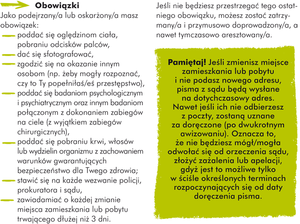 Obowiązki Jako podejrzany/a lub oskarżony/a masz obowiązek: - poddać się oględzinom ciała, pobraniu odcisków palców, - dać się sfotografować, - zgodzić się  na okazanie innym osobom (np. żeby mogły rozpoznać, czy to Ty popełniłaś/eś przestępstwo), - poddać się badaniom psychologicznym i psychiatrycznym oraz innym badaniom połączonym z dokonaniem zabiegów na ciele (z wyjątkiem zabiegów chirurgicznych), - poddać się pobraniu krwi, włosów lub wydzielin organizmu z zachowaniem warunków gwarantujących bezpieczeństwo dla Twego zdrowia; - stawić się na każde wezwanie policji, prokuratora i sądu, - zawiadamiać o każdej zmianie miejsca zamieszkania lub pobytu trwającego dłużej niż 3 dni. Jeśli nie będziesz przestrzegać tego ostatniego obowiązku, możesz zostać zatrzymany/a i przymusowo doprowadzony/a, a nawet tymczasowo aresztowany/a.   Jeśli zmienisz miejsce zamieszkania lub pobytu i nie podasz nowego adresu, pisma z sądu będą wysłane na dotychczasowy adres. Nawet jeśli ich nie odbierzesz z poczty, zostaną uznane za doręczone (po dwukrotnym awizowaniu). Oznacza to, że nie będziesz mógł/mogła odwołać się od orzeczenia sądu, złożyć zażalenia lub apelacji, gdyż jest to możliwe tylko w ściśle określonych terminach rozpoczynających się od daty doręczenia pisma.