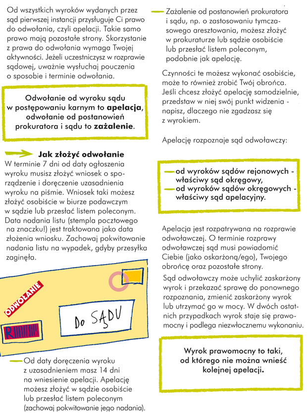 Od wszystkich wyroków wydanych przez sąd pierwszej instancji przysługuje Ci prawo do odwołania, czyli apelacji. Takie samo prawo mają pozostałe strony. Skorzystanie z prawa do odwołania wymaga Twojej aktywności. Jeżeli uczestniczysz w rozprawie sądowej, uważnie wysłuchaj pouczenia o sposobie i terminie odwołania.  Odwołanie od wyroku sądu w postępowaniu karnym to apelacja, odwołanie od postanowień prokuratora i sądu to zażalenie. -> Jak złożyć odwołanie - W terminie 7 dni od daty ogłoszenia wyroku musisz złożyć wniosek o sporządzenie i doręczenie uzasadnienia wyroku na piśmie. Wniosek taki możesz złożyć osobiście w biurze podawczym w sądzie lub przesłać listem poleconym. Data nadania listu (stempla pocztowego na znaczku!) jest traktowana jako data złożenia wniosku. Zachowaj pokwitowanie nadania listu na wypadek, gdyby przesyłka zaginęła.   	- Od daty doręczenia wyroku z uzasadnieniem masz 14 dni na wniesienie apelacji. Apelację możesz złożyć w sądzie osobiście lub przesłać listem poleconym (zachowaj pokwitowanie jego nadania). - Zażalenie od postanowień prokuratora i sądu, np. o zastosowaniu tymczasowego aresztowania, możesz złożyć w prokuraturze lub sądzie osobiście lub przesłać listem poleconym, podobnie jak apelację. Czynności te możesz wykonać osobiście, może to również zrobić Twój obrońca.    Jeśli chcesz złożyć apelację samodzielnie, przedstaw w niej swój punkt widzenia - napisz, dlaczego nie zgadzasz się z wyrokiem. Apelację rozpoznaje sąd odwoławczy: - od wyroków sądów rejonowych  - właściwy sąd okręgowy, - od wyroków sądów okręgowych - właściwy sąd apelacyjny. Apelacja jest rozpatrywana na rozprawie odwoławczej. O terminie rozprawy odwoławczej  sąd musi powiadomić Ciebie (jako oskarżoną/ego), Twojego obrońcę oraz pozostałe strony. Sąd odwoławczy może uchylić zaskarżony wyrok i przekazać sprawę do ponownego rozpoznania, zmienić zaskarżony wyrok lub utrzymać go w mocy. W dwóch ostatnich przypadkach wyrok staje się prawomocny i podlega niezwłocznemu wykonaniu.Wyrok prawomocny to taki, od którego nie można wnieść kolejnej apelacji.