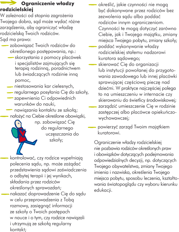 Ograniczenie włdzy rodzicielskiej W zależośi od stopnia zagrożnia Twojego dobra, są moż wydaćróże zarzązenia, aby ograniczyćwłdzęrodzicielskąTwoich rodziców. Są ma prawo: - zobowiąaćTwoich rodziców do okreśonego postęowania, np.: 	- skorzystania z pomocy placówek i specjalistów zajmująych sięterapiąrodzinną poradnictwem lub śiadcząych rodzinie innąpomoc, 	- niestosowania kar cielesnych, 	- regularnego posyłnia Ciędo szkoł, 	- zapewnienia Ci odpowiednich warunków do nauki, 	- nawiąania kontaktu ze szkołu261 ; - nałżćna Ciebie okreśone obowiąki, np. zobowiąaćCiędo regularnego uczęzczania do szkoł; - zobowiąują rodziców do okreśonego postęowania, wskazaćsposób kontroli wykonania wydanych zarzązeń np. moż zażu261 daćprzedstawienia sąowi zaśiadczenia o odbytej terapii i jej wynikach, skłdania przez rodziców okreśonych sprawozdań - nakazaćdoprowadzenie Ciędo sąu w celu przeprowadzenia z Tobąrozmowy, zasięnąu263  informacji ze szkoł o Twoich postęach w nauce i o tym, czy rodzice nawiąali i utrzymująze szkołu261  regularny kontakt; - okreśić jakie czynnośi nie mogąbyćdokonywane przez rodziców bez zezwolenia sąu albo poddaćrodziców innym ograniczeniom. Czynnośi te mogądotyczyćzarówno Ciebie, jak i Twojego mająku, zmiany miejsca Twojego pobytu, zmiany szkoł; - poddaćwykonywanie włdzy rodzicielskiej stałmu nadzorowi kuratora sąowego; - skierowaćCiędo organizacji lub instytucji powołnej do przygotowania zawodowego lub innej placówki sprawująej częu347 ciowąpieczęnad dzieći. W praktyce najczęu347 ciej polega to na umieszczeniu w internacie czy skierowaniu do śietlicy śodowiskowej; - zarzązićumieszczenie Cięw rodzinie zastęczej albo placówce opiekuńzo-wychowawczej; - powierzyćzarzą Twoim mająkiem kuratorowi.  Ograniczenie włdzy rodzicielskiej nie pozbawia rodziców okreśonych praw i obowiąków dotycząych podejmowania odpowiedzialnych decyzji, np. dotycząych Twojego obywatelstwa, zmiany Twojego imienia i nazwiska, okreśenia Twojego miejsca pobytu, sposobu leczenia, kształowania śiatopogląu czy wyboru kierunku edukacji