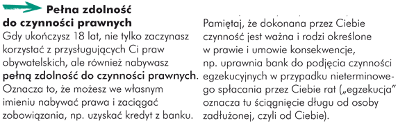 Pełna zdolność do czynności prawnych Gdy ukończysz 18 lat, nie tylko zaczynasz korzystać z przysługujących Ci praw obywatelskich, ale również nabywasz pełną zdolność do czynności prawnych. Oznacza to, że możesz we własnym imieniu nabywać prawa i zaciągać zobowiązania, np. uzyskać kredyt z banku. Pamiętaj, że dokonana przez Ciebie czynność jest ważna i rodzi określone w prawie i umowie konsekwencje, np. uprawnia bank do podjęcia czynności egzekucyjnych w przypadku nieterminowego spłacania przez Ciebie rat („egzekucja” oznacza tu ściągnięcie długu od osoby zadłużonej, czyli od Ciebie).