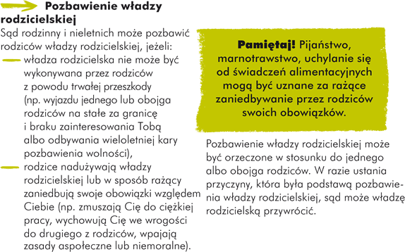 Pozbawienie włdzy rodzicielskiej Są rodzinny i nieletnich moż pozbawićrodziców włdzy rodzicielskiej, jeżli: - włdza rodzicielska nie moż byćwykonywana przez rodziców z powodu trwałj przeszkody (np. wyjazdu jednego lub obojga rodziców na stał za granicęi braku zainteresowania Tobąalbo odbywania wieloletniej kary pozbawienia wolnośi), - rodzice nadużwająwłdzy rodzicielskiej lub w sposób rażu261 cy zaniedbująswoje obowiąki wzglęem Ciebie (np. zmuszająCiędo cięu380 kiej pracy, wychowująCięwe wrogośi do drugiego z rodziców, wpajajązasady aspołczne lub niemoralne). Pijańtwo, marnotrawstwo, uchylanie sięod śiadczeńalimentacyjnych mogąbyćuznane za rażu261 ce zaniedbywanie przez rodziców swoich obowiąków. Pozbawienie włdzy rodzicielskiej moż byćorzeczone w stosunku do jednego albo obojga rodziców. W razie ustania przyczyny, która był podstawąpozbawienia włdzy rodzicielskiej, są moż włdzęrodzicielskąprzywrócić