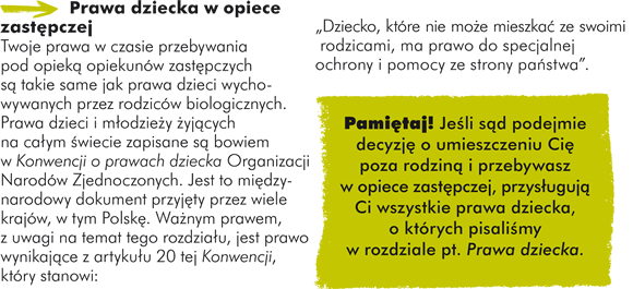 Prawa dziecka w opiece zastęczej Twoje prawa w czasie przebywania pod opiekąopiekunów zastęczych sątakie same jak prawa dzieci wychowywanych przez rodziców biologicznych. Prawa dzieci i młdzież żjąych na całm śiecie zapisane sąbowiem w Konwencji o prawach dziecka Organizacji Narodów Zjednoczonych. Jest to mięzynarodowy dokument przyjęy przez wiele krajów, w tym Polskę Ważym prawem, z uwagi na temat tego rozdział, jest prawo wynikająe z artykuł 20 tej Konwencji, który stanowi:  „Dziecko, które nie moż mieszkaćze swoimi rodzicami, ma prawo do specjalnej ochrony i pomocy ze strony pańtwa”.  Pamiętaj! Jeśi są podejmie decyzjęo umieszczeniu Ciępoza rodzinąi przebywasz w opiece zastęczej, przysłgująCi wszystkie prawa dziecka, o których pisaliśy w rozdziale pt. Prawa dziecka.  Oto prawa, które szczególnie dotycząCię jeśi dorastasz w opiece zastęczej (wynikająone z artykuł 4 Ustawy o wspieraniu rodziny i systemie pieczy zastęczej)