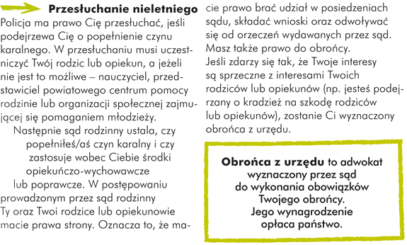 Przesłuchanie nieletniegoPolicja ma prawo Cię przesłuchać, jeśli podejrzewa Cię o popełnienie czynu karalnego. W przesłuchaniu musi uczestniczyć Twój rodzic lub opiekun, a jeżeli nie jest to możliwe – nauczyciel, przedstawiciel powiatowego centrum pomocy rodzinie lub organizacji społecznej zajmującej się pomaganiem młodzieży. Następnie sąd rodzinny ustala, czy popełniłeś/aś czyn karalny i czy zastosuje wobec Ciebie  środki opiekuńczo-wychowawczych lub poprawcze. W postępowaniu prowadzonym przez sąd rodzinny Ty oraz Twoi rodzice lub opiekunowie macie prawa strony. Oznacza to, że macie prawo brać udział w posiedzeniach sądu, składać wnioski oraz odwoływać się od orzeczeń wydawanych przez sąd. Masz także prawo do obrońcy.  Jeśli zdarzy się tak, że Twoje interesy są sprzeczne z interesami Twoich rodziców lub opiekunów (np. jesteś podejrzany o kradzież na szkodę rodziców lub opiekunów), zostanie Ci wyznaczony obrońca z urzędu.  Obrońca z urzędu to adwokat wyznaczony przez sąd do wykonania obowiązków Twojego obrońcy. Jego wynagrodzenie opłaca państwo.