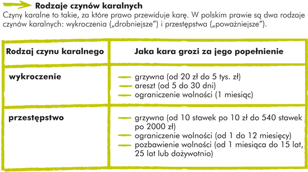 Rodzaje czynów karalnych Czyny karalne to takie, za które prawo przewiduje karę. W polskim prawie są dwa rodzaje czynów karalnych: wykroczenia („drobniejsze ”) i przestępstwa („poważniejsze”).    Rodzaj czynu karalnego Jaka kara grozi za jego popełnienie Wykroczenie - grzywna (od 20 zł do 5 tys. zł), - areszt (od 5 do 30 dni), - ograniczenie wolności (1 miesiąc). Przestępstwo_- grzywna (od 10 stawek po 10 zł do 540 stawek po 2000 zł), - ograniczenie wolności (od 1 do 12 miesięcy), - pozbawienie wolności (od 1 miesiąca do 15 lat, 25 lat lub dożywotnio).