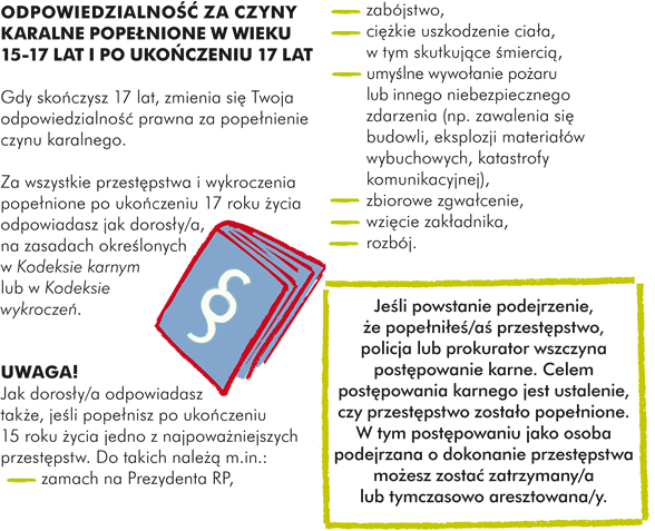 ODPOWIEDZIALNOŚĆ ZA CZYNY KARALNE POPEŁNIONE W WIEKU 15-17 LAT I PO UKOŃCZENIU 17 LAT  Gdy skończysz 17 lat, zmienia się Twoja  odpowiedzialność prawna za popełnienie czynu karalnego.  Za wszystkie przestępstwa i wykroczenia popełnione po ukończeniu 17 roku życia odpowiadasz jak dorosły/a, na zasadach określonych w Kodeksie karnym lub w Kodeksie wykroczeń.   UWAGA! Jak dorosły/a odpowiadasz także, jeśli popełnisz po ukończeniu 15 roku życia jedno z najpoważniejszych przestępstw. Do takich należą m.in.: - zamach na Prezydenta RP, - zabójstwo, - ciężkie uszkodzenie ciała, w tym skutkujące śmiercią, - umyślne wywołanie pożaru lub innego niebezpiecznego zdarzenia (np. zawalenia się budowli, eksplozji materiałów wybuchowych, katastrofy komunikacyjnej), - zbiorowe zgwałcenie, - wzięcie zakładnika, - rozbój. Jeśli powstanie podejrzenie, że popełniłeś/aś przestępstwo, policja lub prokurator wszczyna postępowanie karne. Celem postępowania karnego jest ustalenie, czy przestępstwo zostało popełnione. W tym postępowaniu jako osoba podejrzana o dokonanie przestępstwa możesz zostać zatrzymany/a lub tymczasowo aresztowana/y