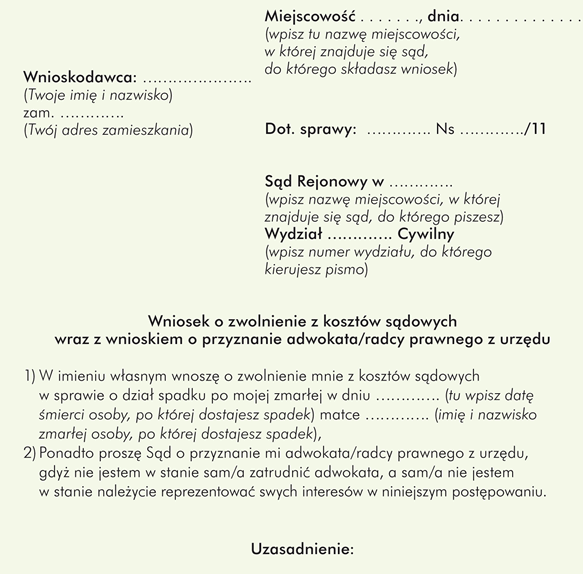 Przykładowy wzór wniosku o  zwolnienie z kosztów sądowych i przyznanie adwokata/radcy prawnego w sprawie o spadek po zmarłej matce	: 				 Miejscowość ……… (wpisz tu nazwę miejscowości, w której znajduje się sąd, do którego składasz wniosek),  dnia ………….   Dot. sprawy:  …………. Ns …………./11  					 Sąd Rejonowy w …………. (wpisz nazwę miejscowości, w której znajduje się sąd, do którego piszesz)  Wydział …………. Cywilny (wpisz numer wydziału, do którego kierujesz pismo)  			         		Wnioskodawca: …………………. (Twoje imię i nazwisko) zam. …………. (Twój adres zamieszkania)  Wniosek o zwolnienie z kosztów sądowych wraz z wnioskiem o przyznanie adwokata/radcy prawnego z urzędu  1) W imieniu własnym wnoszę o zwolnienie mnie z kosztów sądowych w sprawie o dział spadku po mojej zmarłej w dniu …………. (tu wpisz datę śmierci osoby, po której dostajesz spadek) matce …………. (imię i nazwisko zmarłej osoby, po której dostajesz spadek), 2) Ponadto proszę Sąd o przyznanie mi adwokata/radcy prawnego z urzędu, gdyż nie jestem w stanie sam zatrudnić adwokata, a sam/-a nie jestem w stanie należycie reprezentować swych interesów w niniejszym postępowaniu.  Uzasadnienie:	 Jestem spadkobiercą zmarłej …………. (imię i nazwisko zmarłej osoby, po której dostajesz spadek). Od 7 r.ż. wychowywałam/em się w rodzinie zastępczej, gdyż sąd ograniczył mojej matce władzę rodzicielską poprzez umieszczenie mnie w pieczy zastępczej.   Obecnie mam 19 lat i jestem w procesie usamodzielniania - zamieszkuję nadal w rodzinie zastępczej i uczę się w …………. (wpisz nazwę szkoły, do której chodzisz). Nie pracuję zarobkowo i nie posiadam dochodów, z powiatowego centrum pomocy rodzinie otrzymuję pomoc na ………….  (napisz, jakiego rodzaju pomoc otrzymujesz).	 Nie mam stosownej wiedzy prawnej, by uporządkować sprawy majątkowe po swojej zmarłej matce. Dodatkowo sprawa jest skomplikowana, gdyż moja matka miała dzieci z dwóch związków nieformalnych i wszystkie dzieci były umieszczane w placówkach opiekuńczych. Nie posiadam żadnego kontaktu ze swoim przyrodnim rodzeństwem.  Z wnioskiem o stwierdzenie nabycia spadku po matce występował w moim imieniu mój opiekun prawny …………. (napisz, kto był Twoim opiekunem prawnym, np. „rodzic zastępczy” i podaj jego imię i nazwisko). Jednakże ponieważ jestem już dorosły/a, ustanowiona przez sąd rodzinny opieka prawna wygasła.  W związku z tym proszę Sąd o zwolnienie mnie z kosztów sądowych w niniejszej sprawie i  przyznanie mi adwokata z urzędu.  		                                                                    	    Twój Podpis :  ……………………………….. Załączniki: Zaświadczenie z dn. …………. ze szkoły Zaświadczenie z powiatowego centrum pomocy rodzinie o usamodzielnianiu i przyznanej pomocy Oświadczenie o stanie rodzinnym, majątku, dochodach i źródłach utrzymania. 