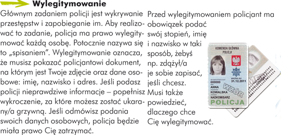 Wylegitymowanie Głównym zadaniem policji jest wykrywanie przestępstw i zapobieganie im. Aby realizować to zadanie, policja ma prawo wylegitymować każdą osobę. Potocznie nazywa się to „spisaniem”. Wylegitymowanie oznacza, że musisz pokazać policjantowi dokument, na którym jest Twoje zdjęcie oraz dane osobowe: imię, nazwisko i adres. Jeśli podasz policji nieprawdziwe informacje – popełnisz wykroczenie, za które możesz zostać ukarany/a grzywną. Jeśli odmówisz podania swoich danych osobowych, policja będzie miała prawo Cię zatrzymać.  Przed wylegitymowaniem policjant ma obowiązek podać swój stopień, imię i nazwisko w taki sposób, żebyś np. zdążył/a je sobie zapisać, jeśli chcesz. Musi także powiedzieć, dlaczego chce Cię wylegitymować.