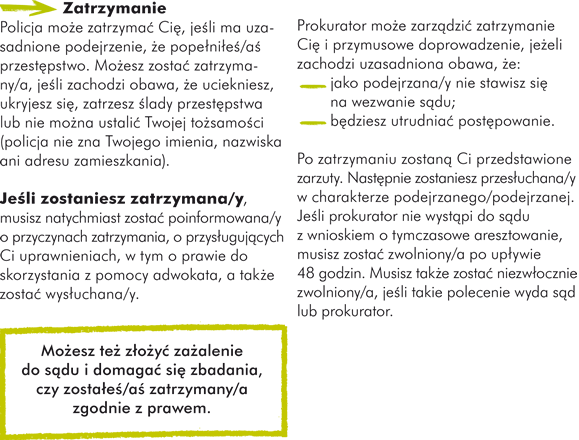  Zatrzymanie.  Policja może zatrzymać Cię, jeśli ma uzasadnione podejrzenie, że popełniłeś/aś przestępstwo. Możesz zostać zatrzymany/a, jeśli zachodzi obawa, że uciekniesz, ukryjesz się, zatrzesz ślady przestępstwa lub nie można ustalić Twojej tożsamości (policja nie zna Twojego imienia, nazwiska ani adresu zamieszkania).  Jeśli zostaniesz zatrzymana/y, musisz natychmiast zostać poinformowana/y o przyczynach zatrzymania, o przysługujących Ci uprawnieniach, w tym o prawie do skorzystania z pomocy adwokata, a także zostać wysłuchana/y.  Możesz też złożyć zażalenie do sądu i domagać się zbadania, czy zostałeś/aś zatrzymany/a zgodnie z prawem.   Prokurator może zarządzić zatrzymanie Cię i przymusowe doprowadzenie, jeżeli zachodzi uzasadniona obawa, że: -jako podejrzana/y nie stawisz się na wezwanie sądu; -będziesz utrudniać postępowanie.  Po zatrzymaniu zostaną Ci przedstawione zarzuty. Następnie zostaniesz przesłuchana/y w charakterze podejrzanego/podejrzanej.  Jeśli prokurator nie wystąpi do sądu z wnioskiem o tymczasowe aresztowanie, musisz zostać zwolniony/a po upływie 48 godzin. Musisz także zostać niezwłocznie zwolniony/a, jeśli takie polecenie wyda sąd lub prokurator.