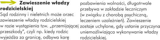 Zawieszenie władzy rodzicielskiej Są rodzinny i nieletnich moż orzec zawieszenie włdzy rodzicielskiej w razie wystąienia tzw. „przemijająej przeszkody”, czyli np. kiedy rodzic wyjeżdża za granicę odbywa karę pozbawienia wolności, długotrwale przebywa w zakładzie leczniczym (w zwiąku z chorobą psychiczną leczeniem uzależnień. Zawieszenie zostaje uchylone, gdy ustanie przyczyna uniemożliwiająca wykonywanie władzy rodzicielskiej.