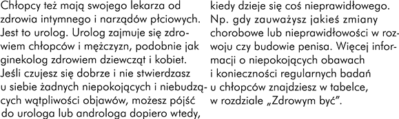 Chłopcy też mają swojego lekarza od zdrowia intymnego i narządów płciowych . Jest to urolog. Urolog zajmuje się zdrowiem chłopców i mężczyzn podobnie, jak ginekolog u dziewcząt i kobiet. Jeśli czujesz się dobrze, nie stwierdzasz u siebie żadnych niepokojących i niebudzących wątpliwości objawów, możesz pójść do urologa lub androloga dopiero wtedy, jak dzieje się coś nieprawidłowego. Jest to wskazane, gdy zauważysz jakieś nieprawidłowości w rozwoju lub budowie penisa lub zmiany chorobowe