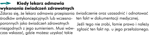 Zdarza się że lekarz odmawia przepisania środków antykoncepcyjnych lub wczesnoporonnych jako świadczeń zdrowotnych niezgodnych z jego sumieniem. Musi wówczas wskazać gdzie możesz uzyskać takie świadczenie oraz uzasadnić i odnotować ten fakt w dokumentacji medycznej. Jeśli tego nie zrobi łamie prawo i należy zgłosić ten fakt np u jego przełożonego.