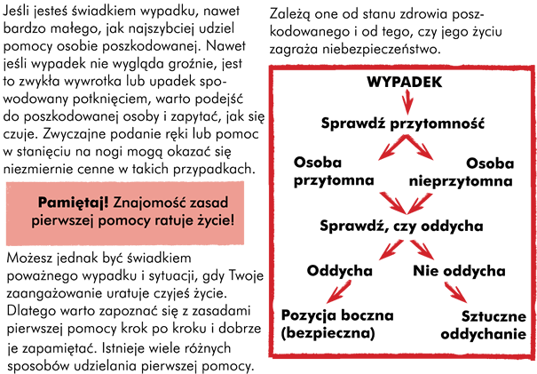 Jeśli jesteś świadkiem wypadku, nawet bardzo małego, jak najszybciej udziel pomocy osobie poszkodowanej. Nawet jeśli wypadek nie wygląda groźnie, jest to zwykła wywrotka lub upadek spowodowany potknięciem, warto podejść do poszkodowanej osoby i zapytać, jak się czuje. Zwyczajne podanie ręki lub pomoc w stanięciu na nogi, może okazać się niezmiernie cenne w takich przypadkach. Uwaga! Znajomość zasad pierwszej pomocy ratuje życie! Możesz jednak być także świadkiem poważnego wypadku i sytuacji, gdy Twoje zaangażowanie uratuje czyjeś życie. Dlatego warto zapoznać się z zasadami wykonywania pierwszej pomocy krok po kroku i dobrze je zapamiętać. Istnieje wiele różnych sposobów udzielania pierwszej pomocy. Zależą one od stanu zdrowia poszkodowanego w wypadku i od tego, czy jego życiu zagraża niebezpieczeństwo.